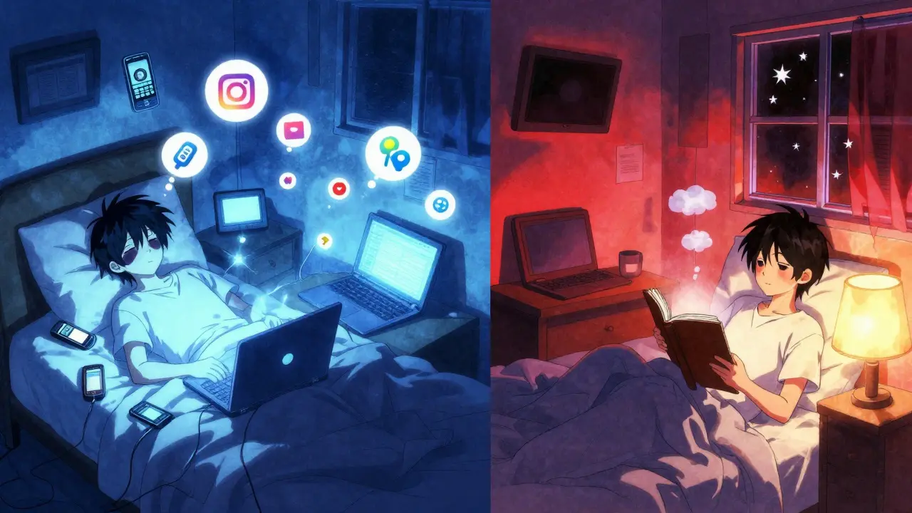 Split scene: chaotic blue-lit bedroom vs calm red-lit room with book reading