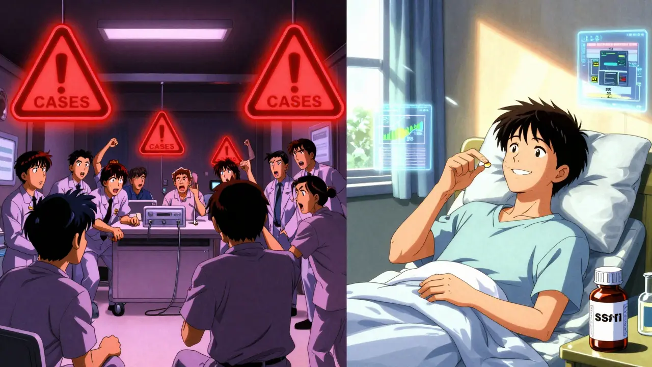 Split scene: chaotic ER on left, calm home on right, with floating data showing zero serotonin syndrome cases.
