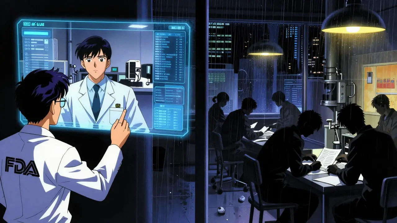 Split scene: FDA inspector remotely inspecting a foreign factory via hologram while workers scramble at night.