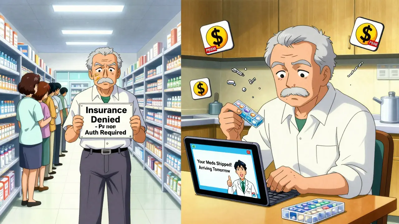 Split scene: frustrated man in crowded pharmacy vs. calm man receiving meds at home with digital pharmacist chat.