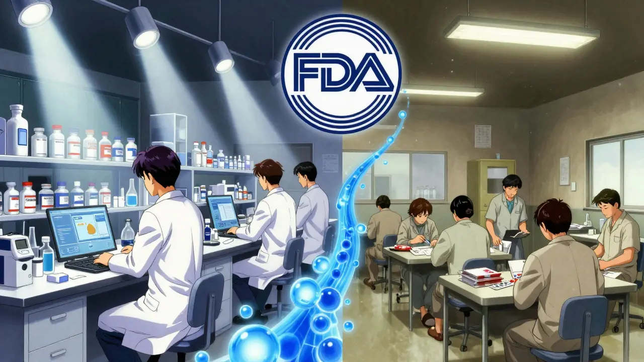 Split scene of brand-name drug development vs. generic manufacturing under an FDA seal.