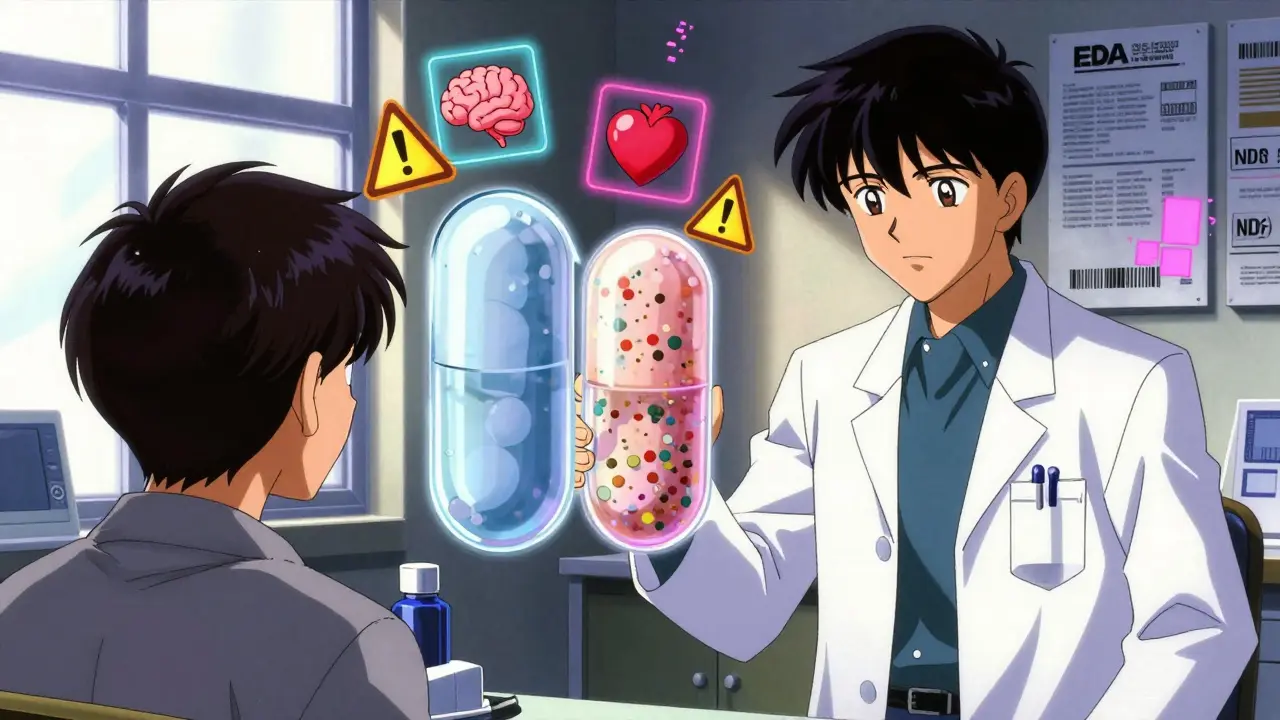 Transparent pill cross-section showing structural differences between authorized and regular generics.
