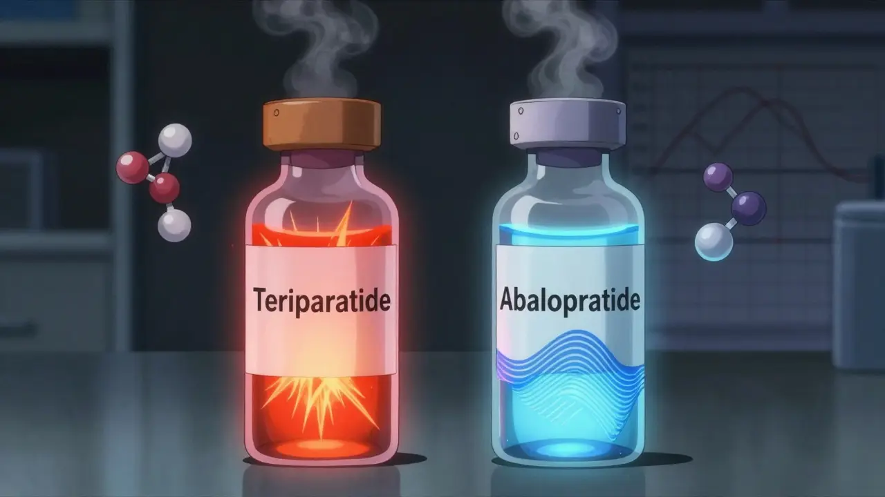Two glowing vials of osteoporosis drugs with contrasting energy patterns and molecular structures.