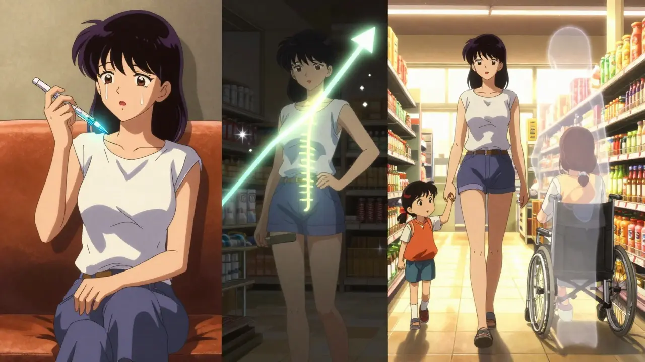 Woman walking confidently in a grocery store as her past frail self fades away in the background.