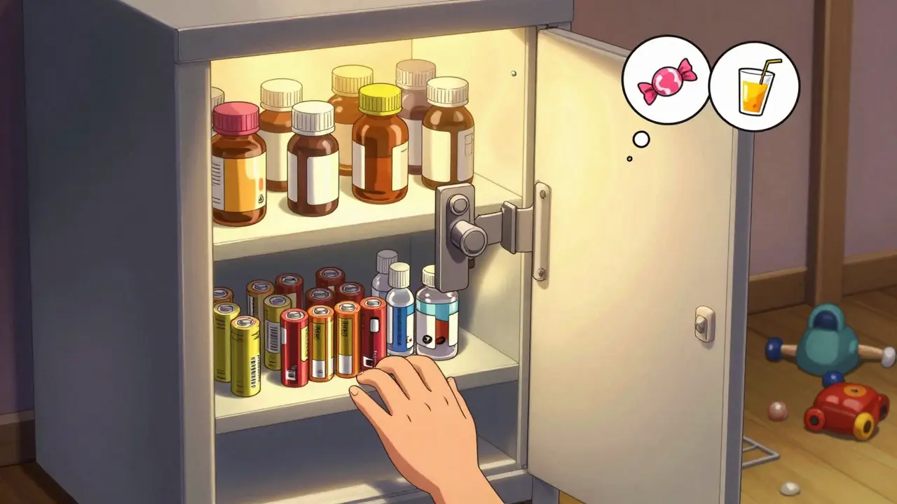 A locked childproof cabinet at five feet high with dangerous items stored safely inside.