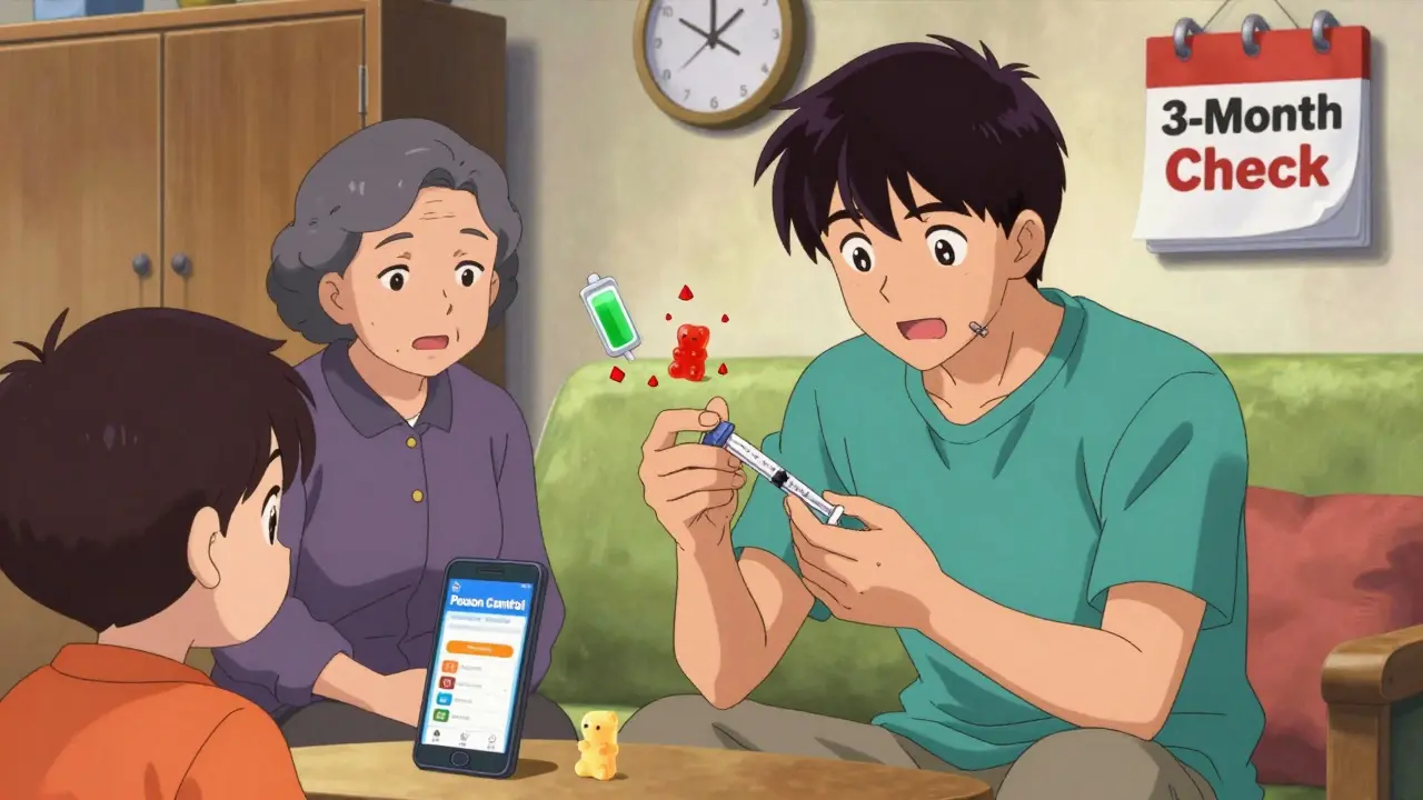 A parent showing a dosing syringe to caregivers while a child’s-eye view shows a locked cabinet.