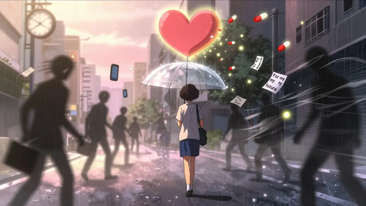 A person walks under a heart-shaped umbrella as glowing pills rise like fireflies, leaving behind symbols of stress in the rain.