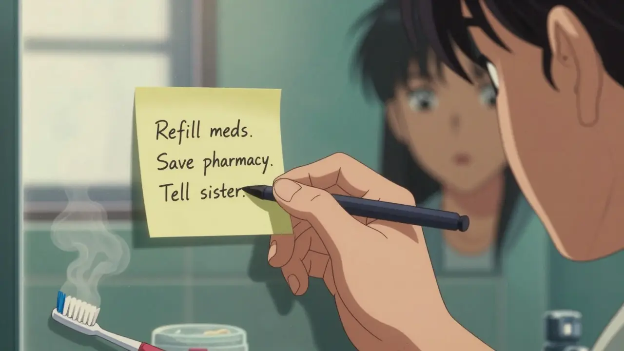 A sticky note with a medication checklist is taped to a bathroom mirror, reflected in the glass with morning light streaming in.