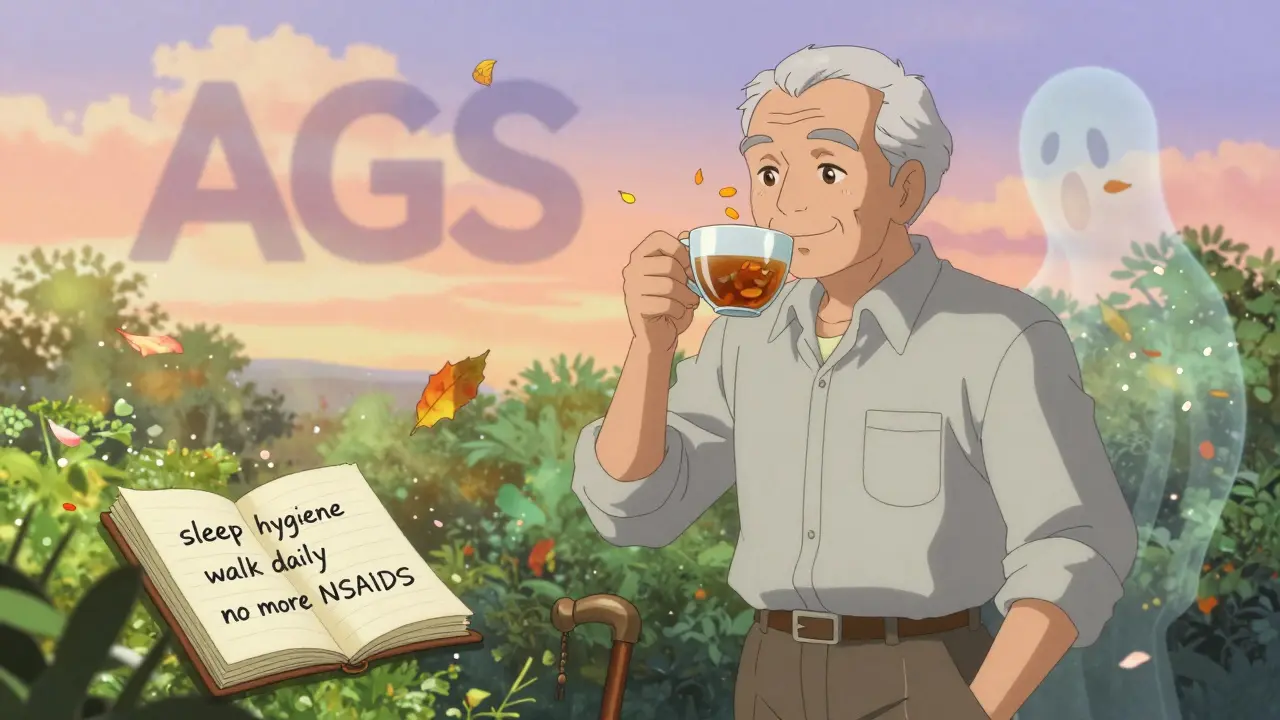 An elderly man in a garden as pills dissolve into the air, symbolizing safe deprescribing and holistic health.