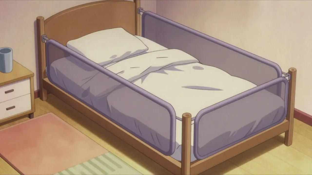 Bedroom with safety measures like bed rails and mats for RBD patient