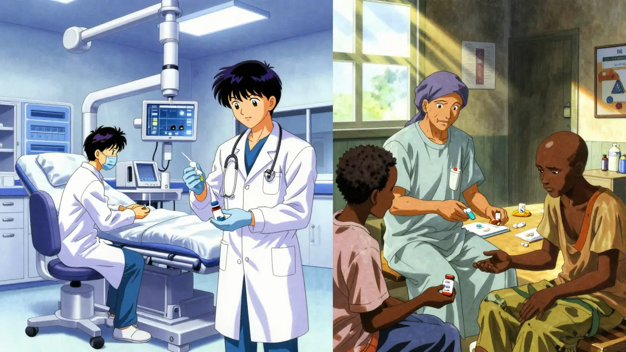 Contrasting scenes of US hospital and rural clinic both using generic medicines.