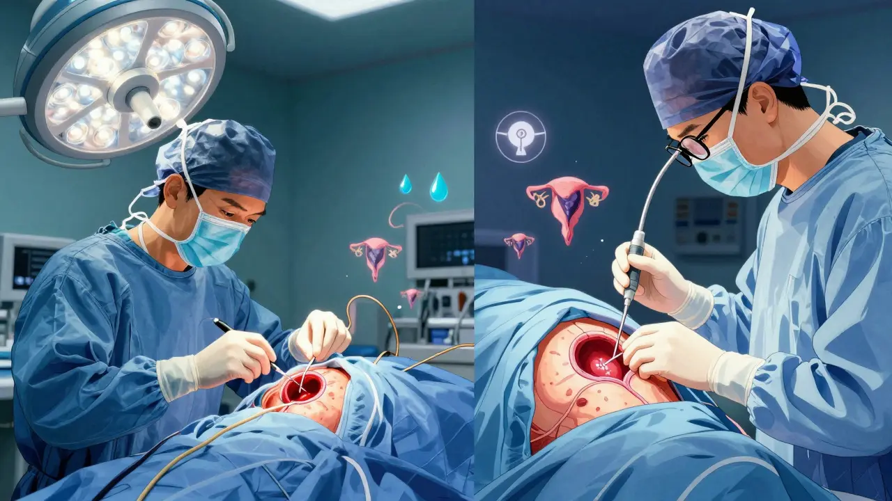 Dual surgical scene showing endometriosis excision on bladder alongside cystoscopy in a dreamlike operating room.