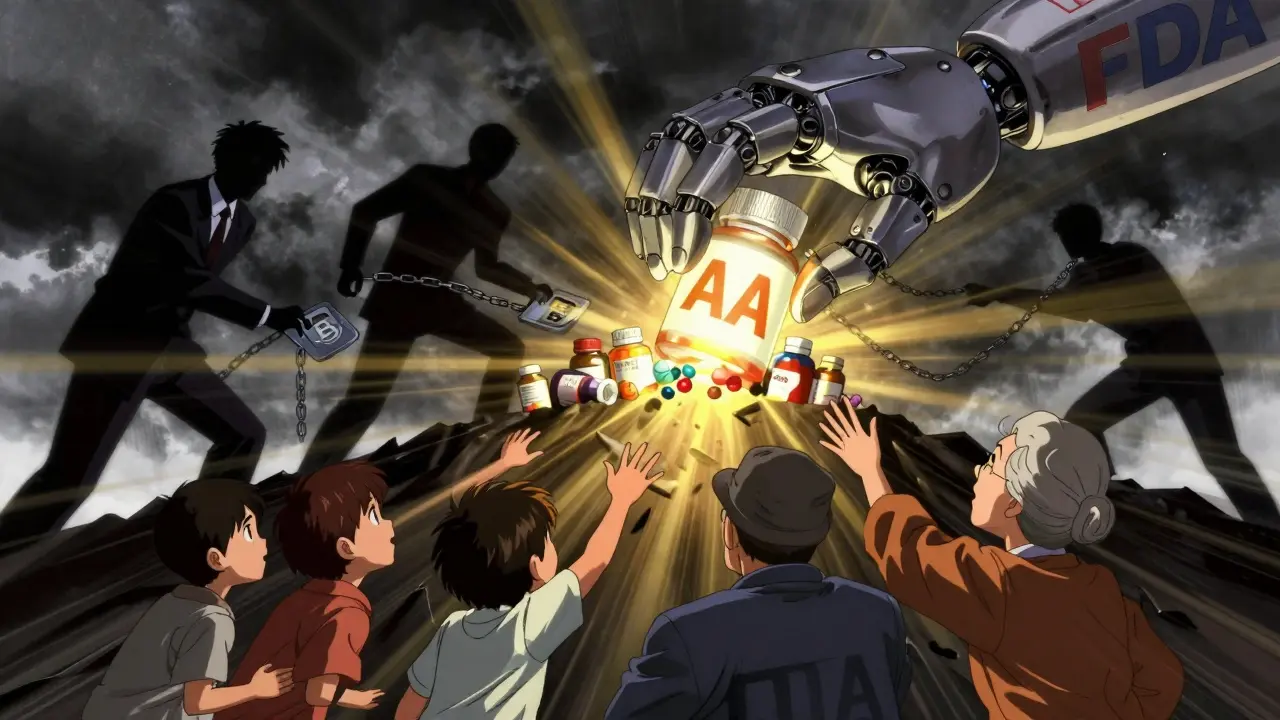 Giant FDA hand placing AA code on pills as corporate figures pull back a B code tablet, patients reaching toward light.