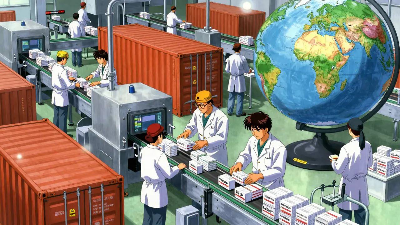 Indian factory workers packing generic drugs for international distribution.
