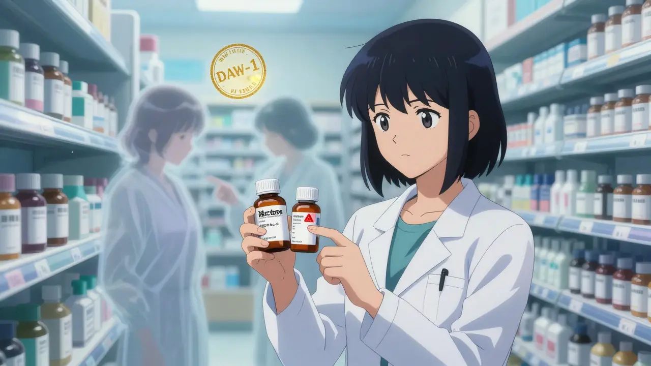 Patient and pharmacist comparing pill labels with glowing warning symbols for inactive ingredients.