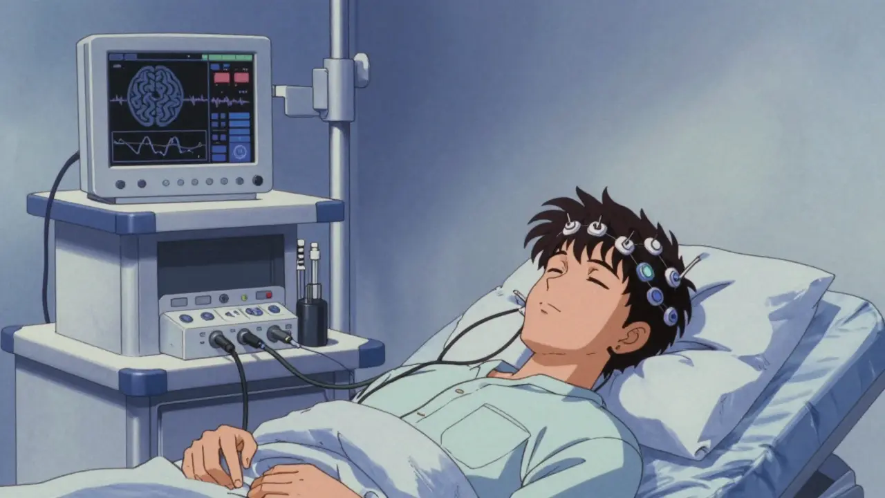 Patient in sleep lab undergoing polysomnography test with EEG electrodes