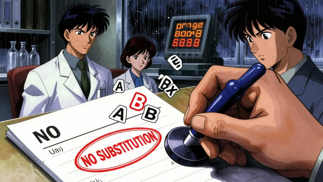 Prescription pad stamped 'NO SUBSTITUTION' with floating TE code letters swirling in the air.