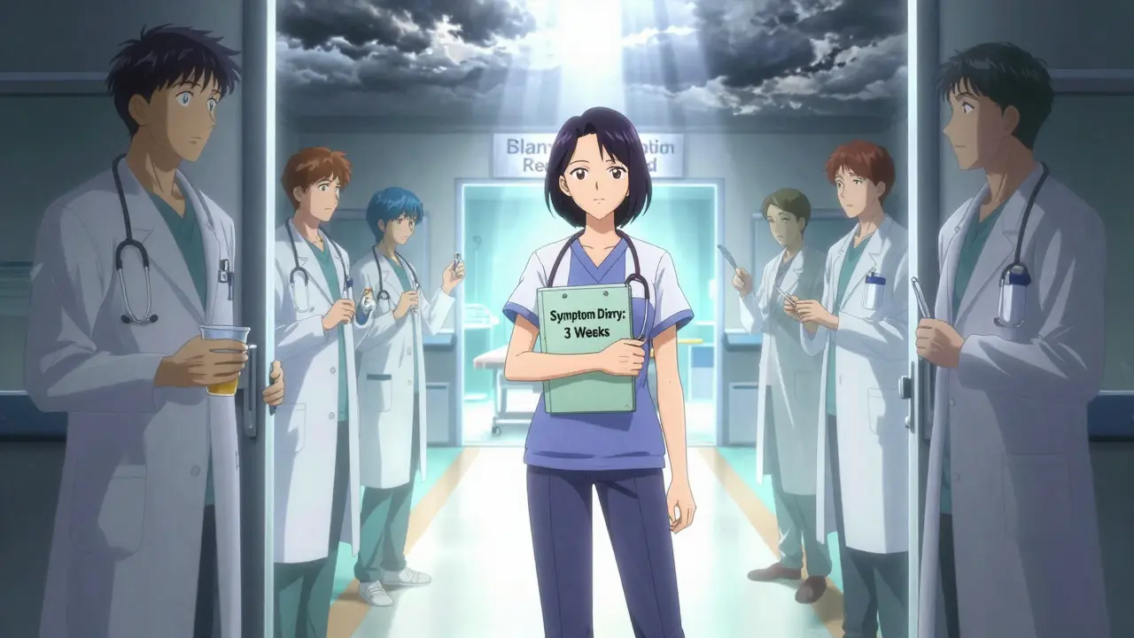 Woman walking toward a surgical clinic as past misdiagnoses fade behind her, path lit with 'Bladder Evaluation Required' sign.