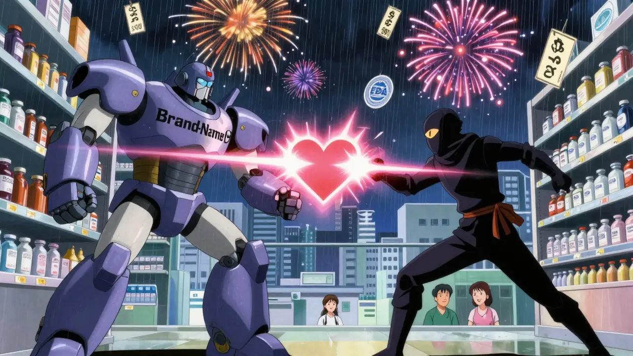 A generic drug ninja battles a brand-name robot, their energy beams merging into a heart as prices drop on a pharmacy shelf.