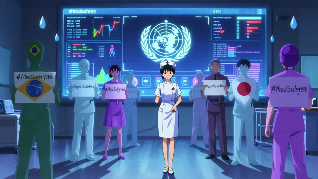 A nurse in a hospital ward watches real-time global drug safety alerts on a massive digital wall with international figures holding posters.