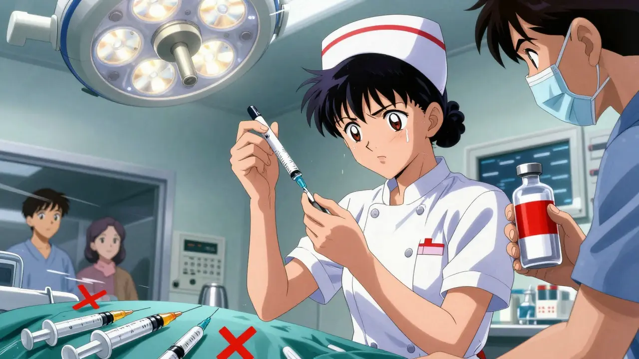 A nurse urgently labels a syringe in a busy operating room with unlabeled syringes marked as unsafe