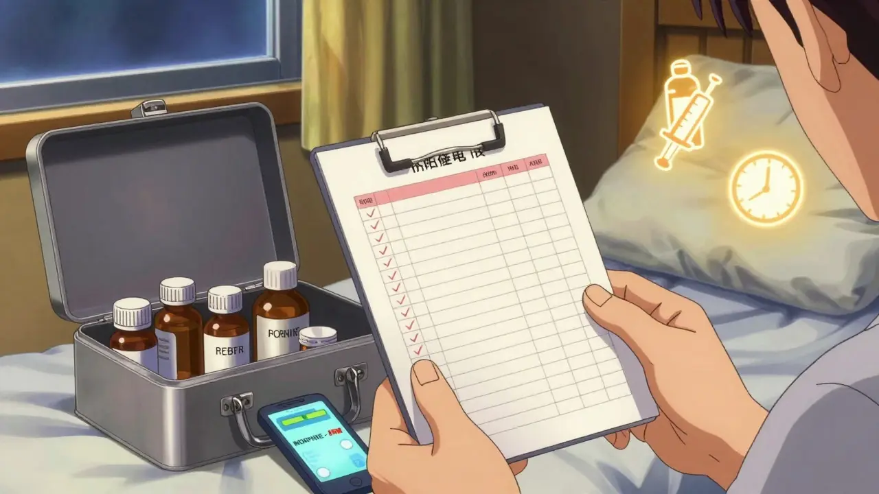 A patient at home keeping a medication log beside a locked box storing opioids under warm lamplight