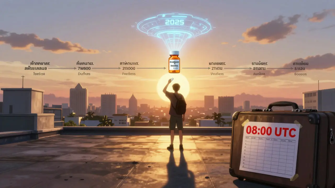 A traveler at dawn holding a pill bottle that projects an automatic time-zone-adjusted label above them.