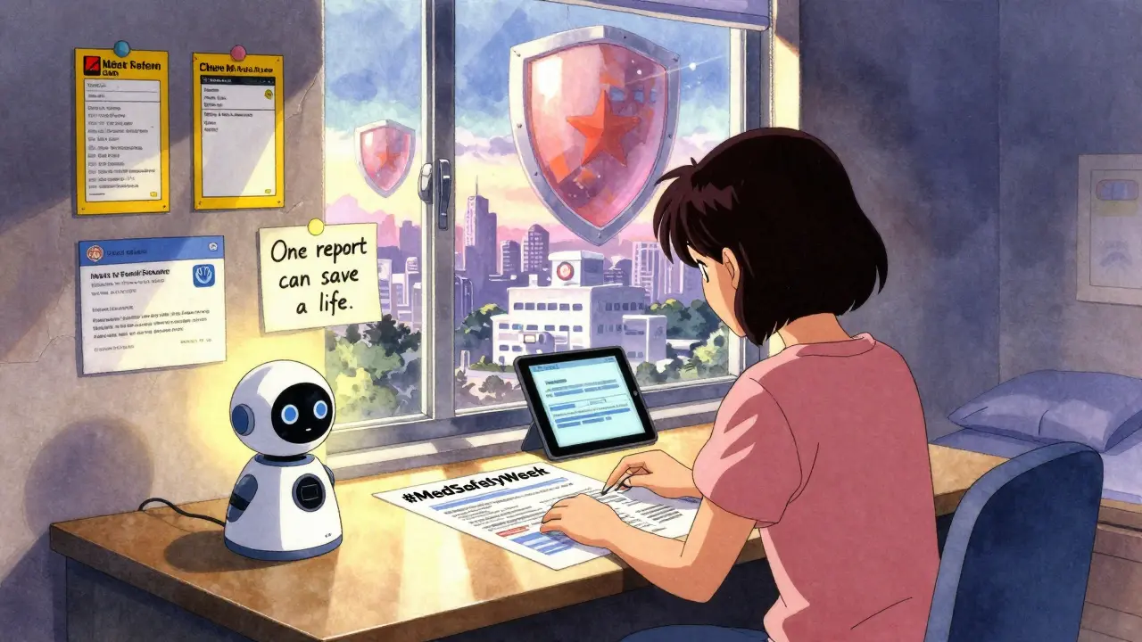A young woman prints a safety campaign poster at her desk, with AI assistant hovering nearby and safety-themed notes on the wall.
