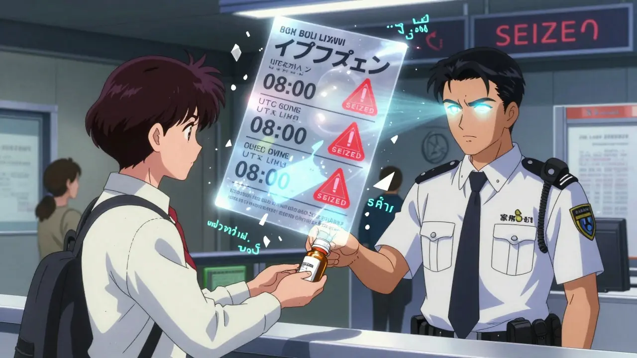 An airport customs officer examining a medication bottle as glowing international label warnings appear around it.