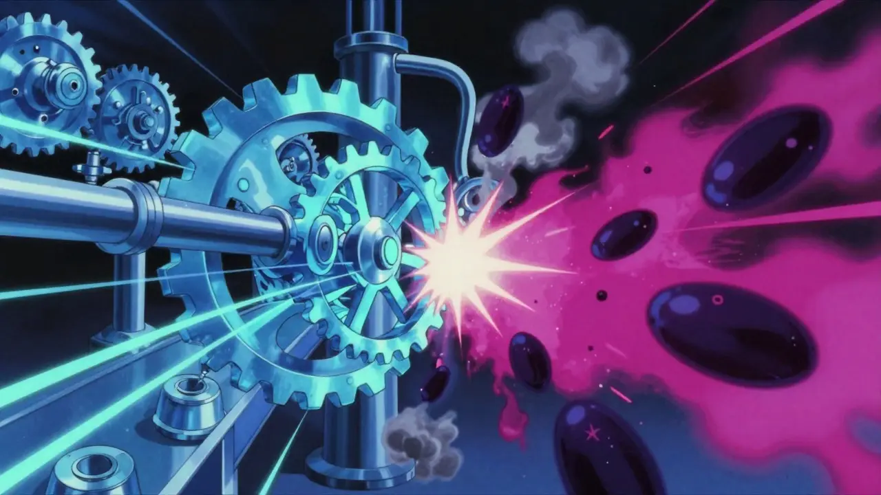 Blue mechanical gears blocked by dark spikes in abstract view