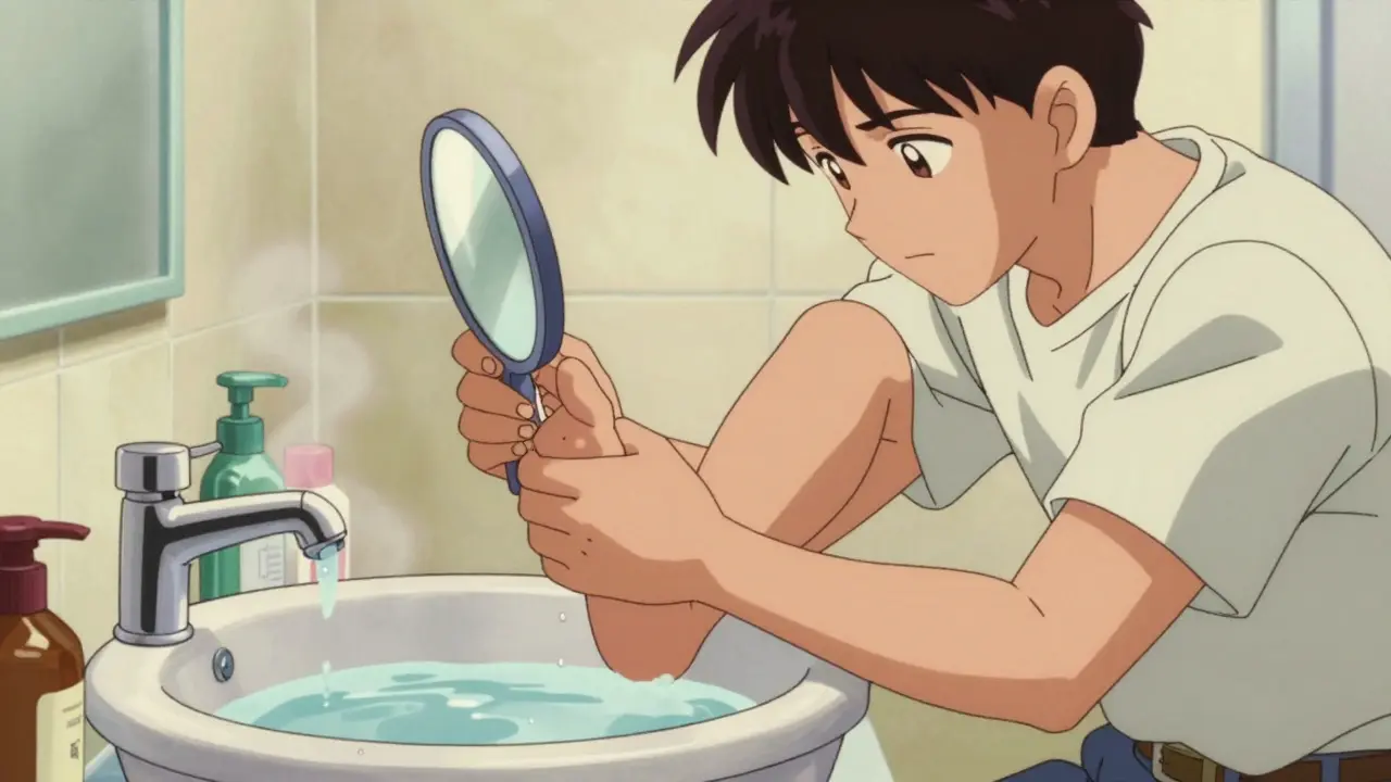 Character using a mirror to inspect the bottom of their foot in a bathroom.