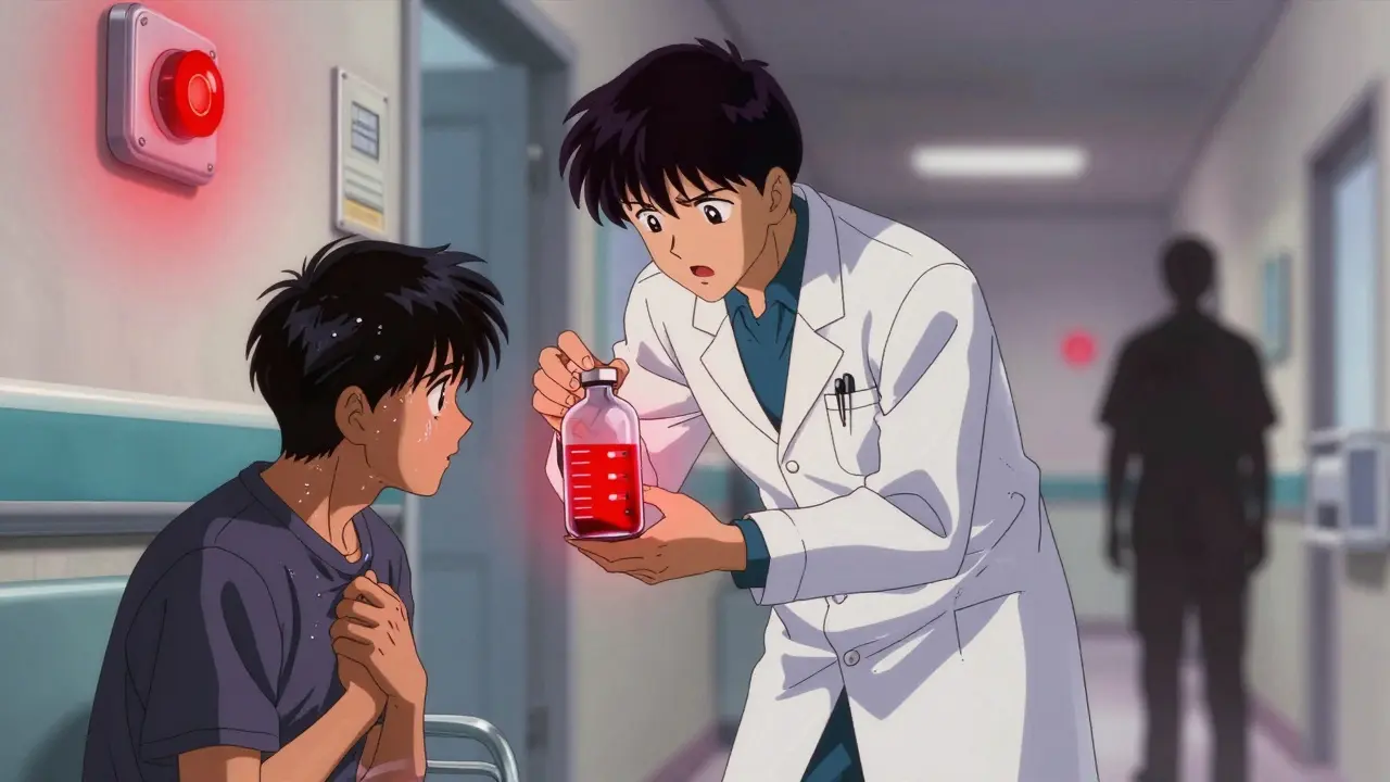 Doctor holding glowing vial near patient clutching chest urgently