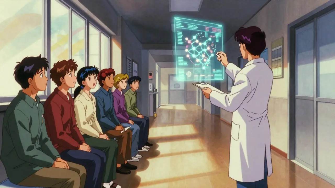 Doctor reviewing abstract medical data projection above a chart in a sunlit hospital corridor.