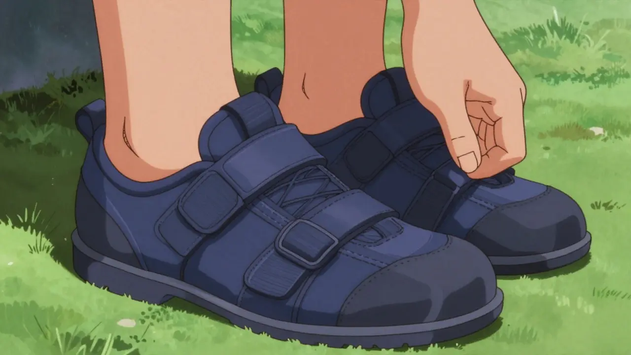 Individual putting on protective shoes to ensure foot safety and comfort.