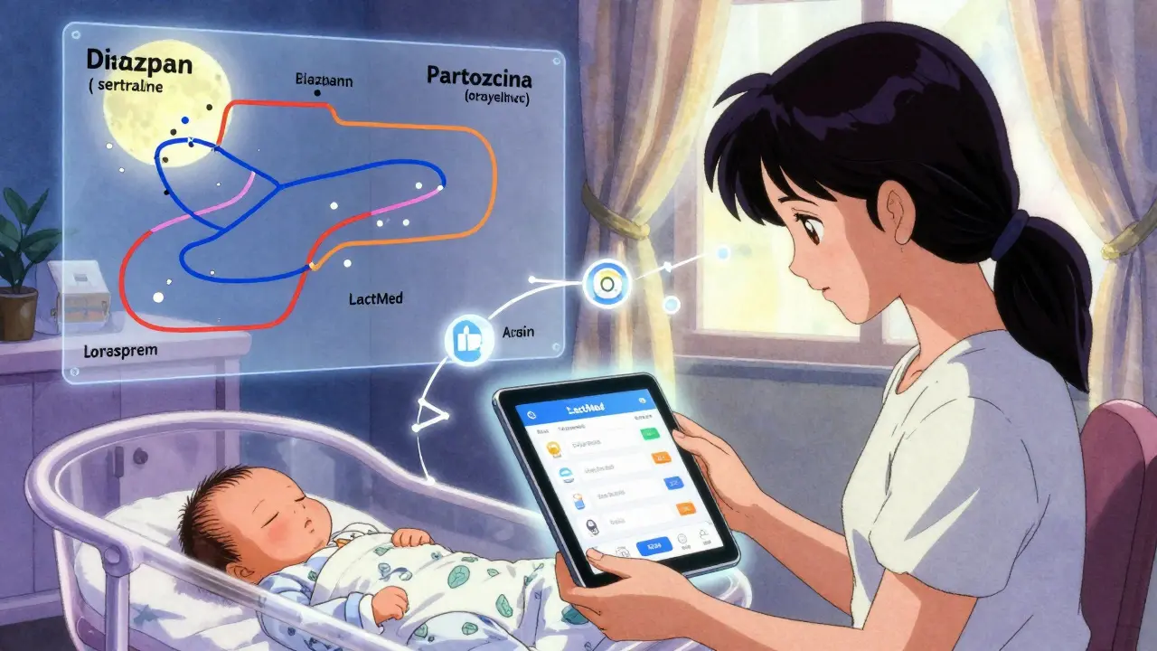 Mother using LactMed app with safe medication icons glowing around her sleeping baby