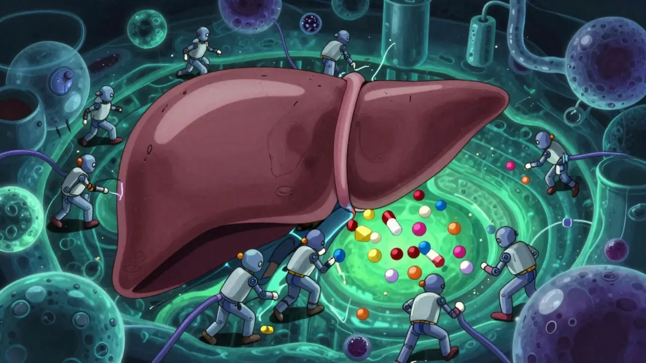 Stylized enzymatic workers processing colorful drug particles inside a cellular factory environment.