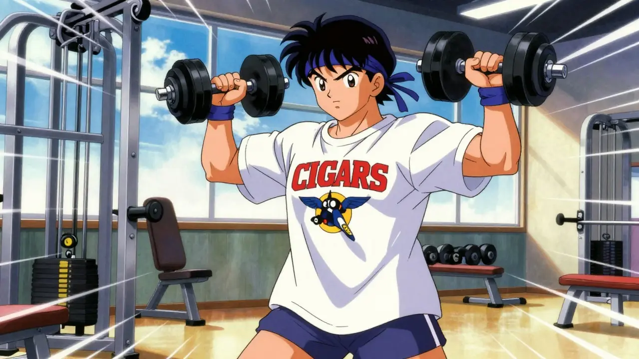 90s anime character lifting weights in a retro gym with dynamic action lines