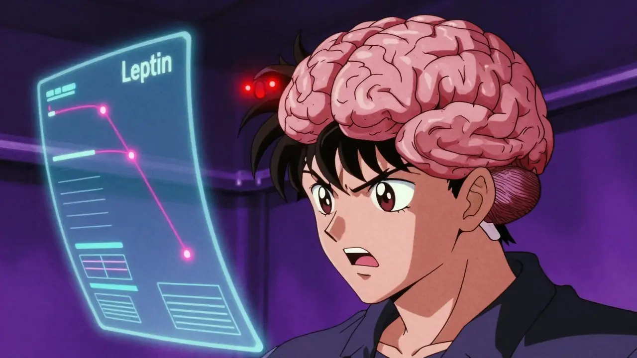 90s anime conceptual view of a brain control center with hormone alerts