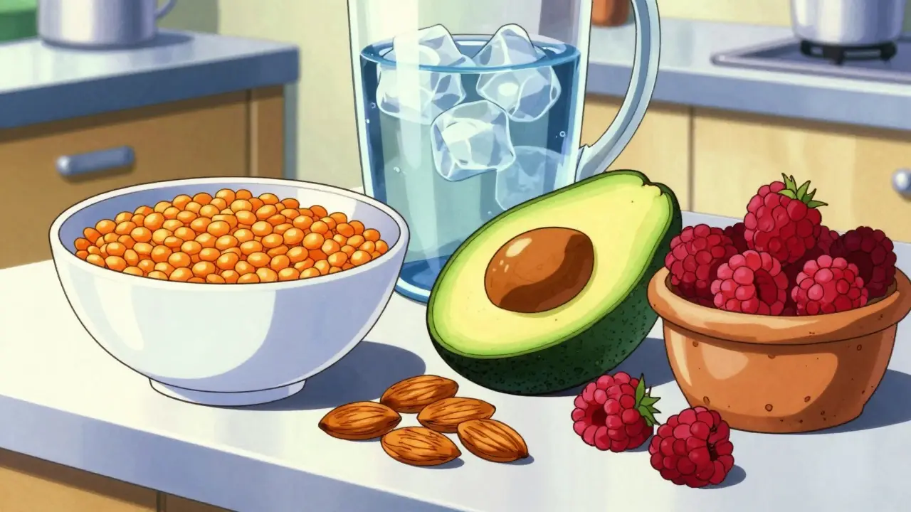 90s anime illustration of various high-fiber foods like avocado, berries, and nuts.