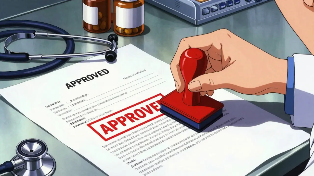 A hand stamping a medical authorization document on a doctor's desk in 90s anime style.