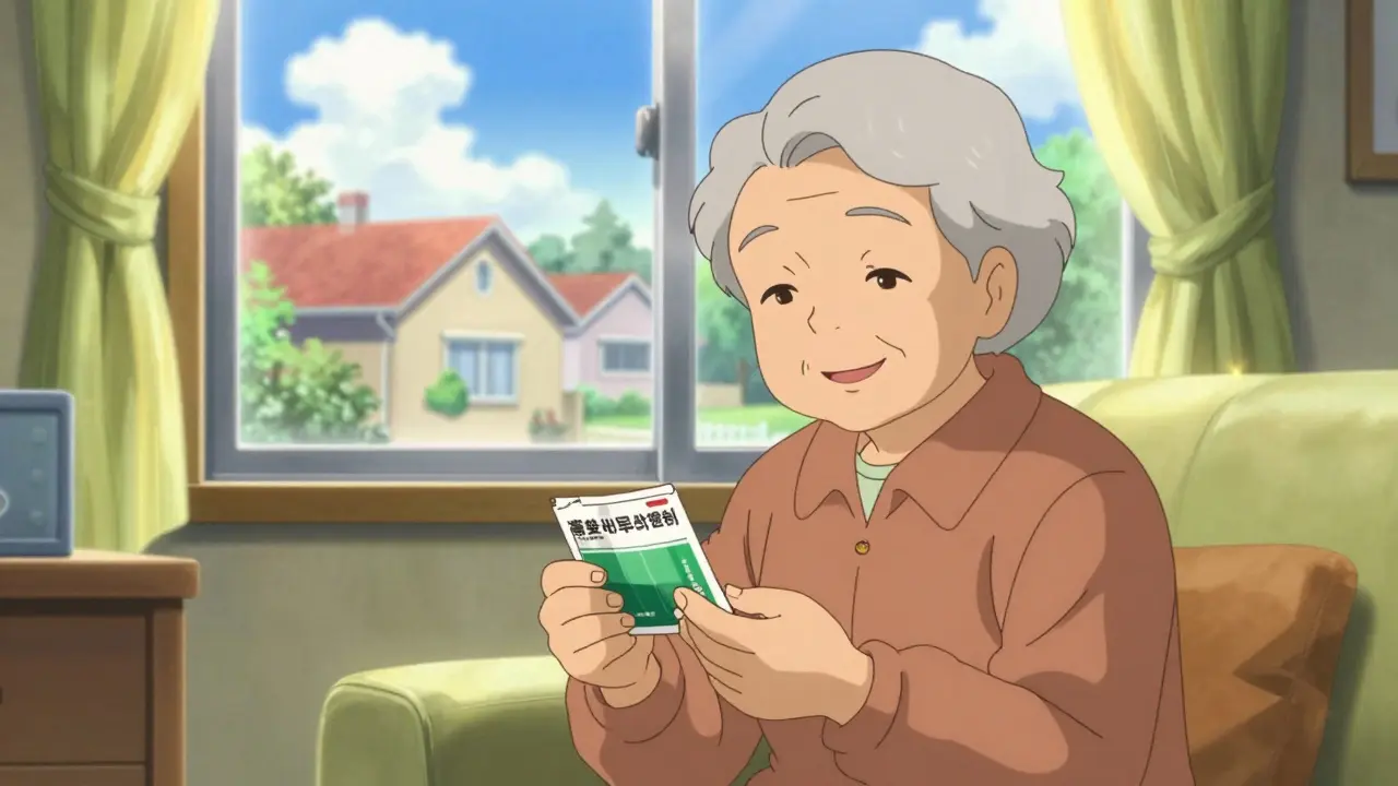 An elderly person happily receiving medication by mail in a sunlit room, 90s anime style.