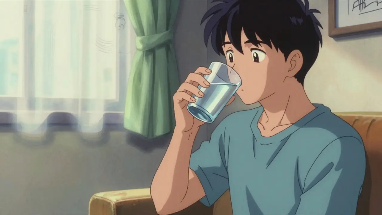 Anime character drinking water symbolizing hydration monitoring during diabetes treatment.