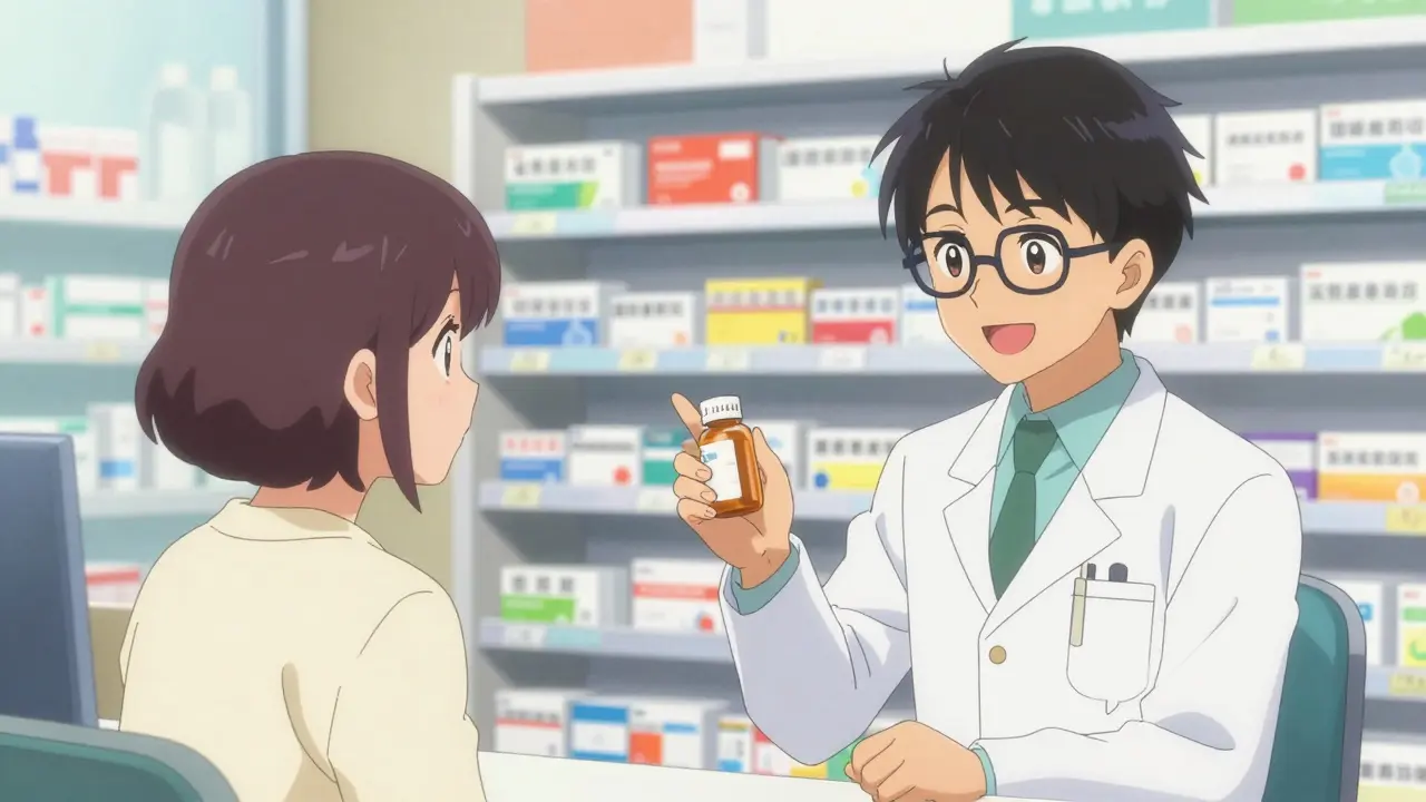 Anime pharmacist explaining the benefits of generic medication to a patient