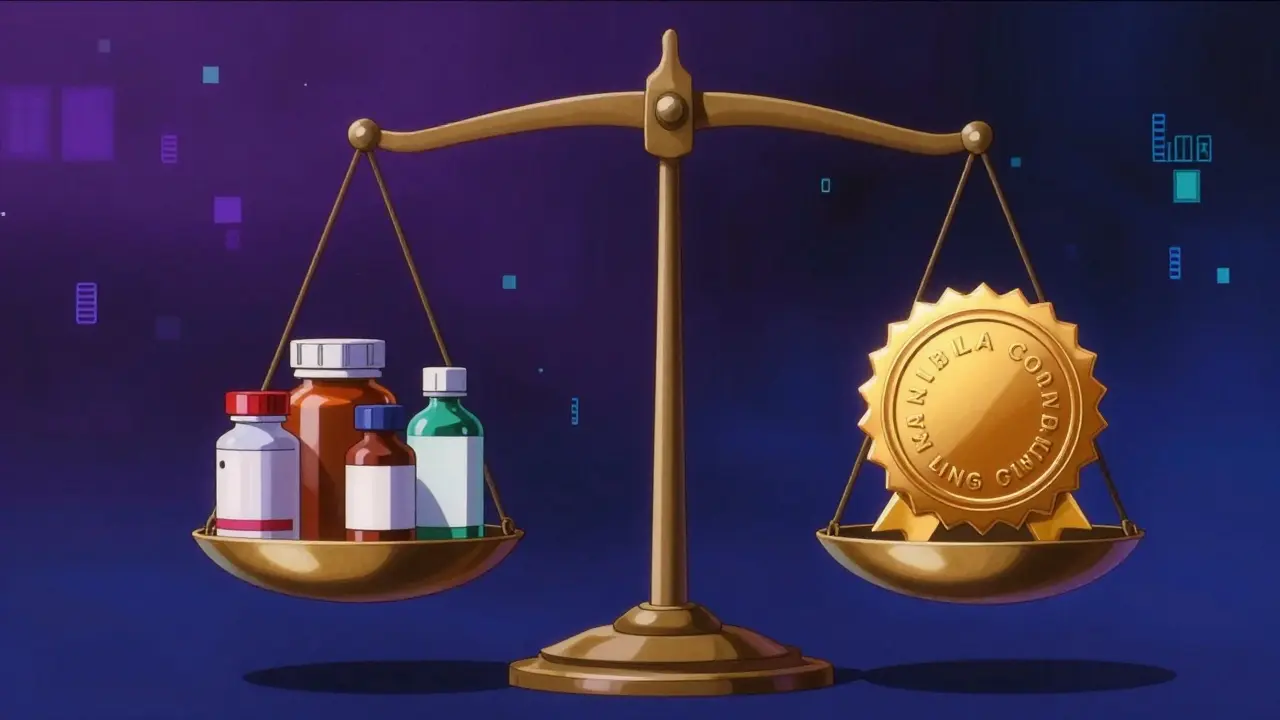 Anime style balance scale weighing generic medicines against a quality seal.