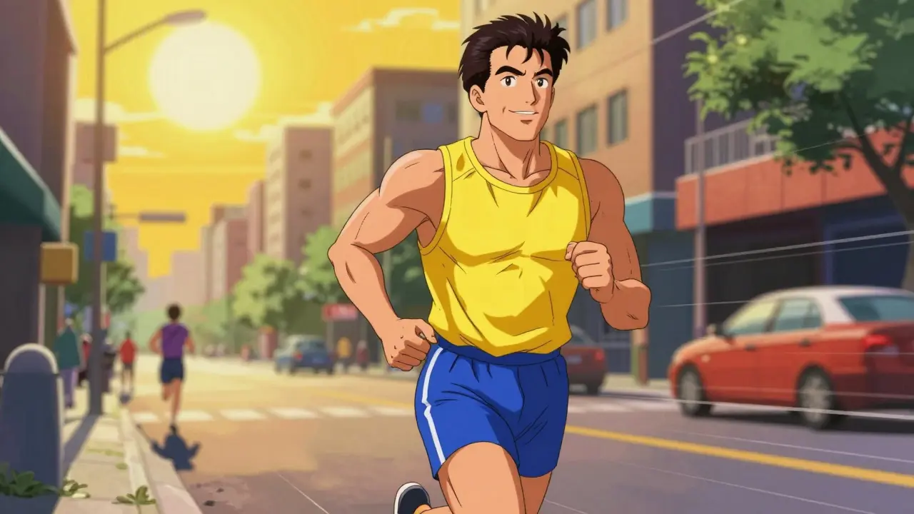 Anime style character jogging in a park representing improved heart health and energy.