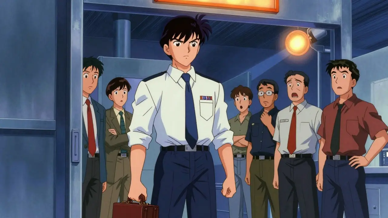 Anime style FDA inspector arriving for a surprise audit at a drug factory.