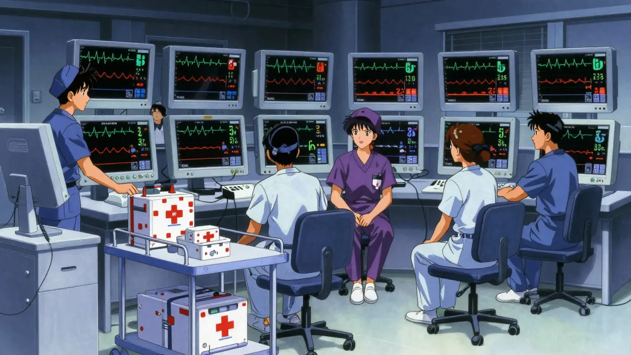 Anime style view of a medical team monitoring a patient's vitals with emergency equipment nearby.