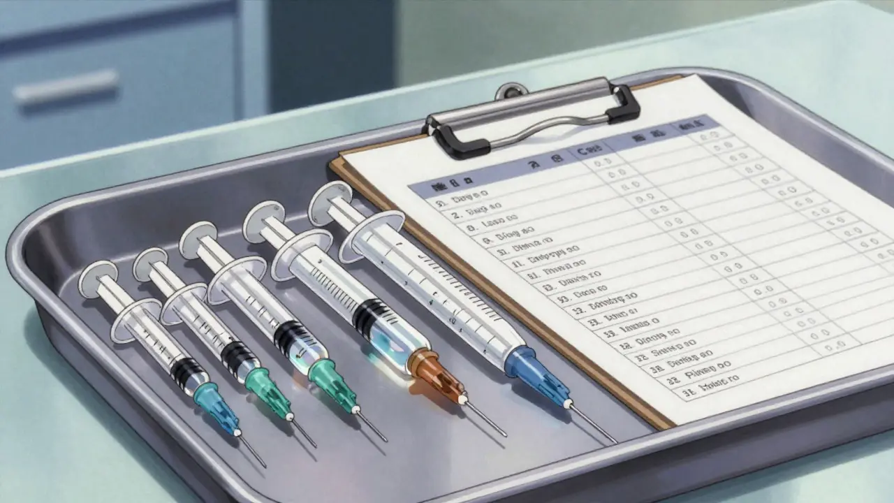 Close-up anime illustration of syringes and a dosing schedule for penicillin desensitization.