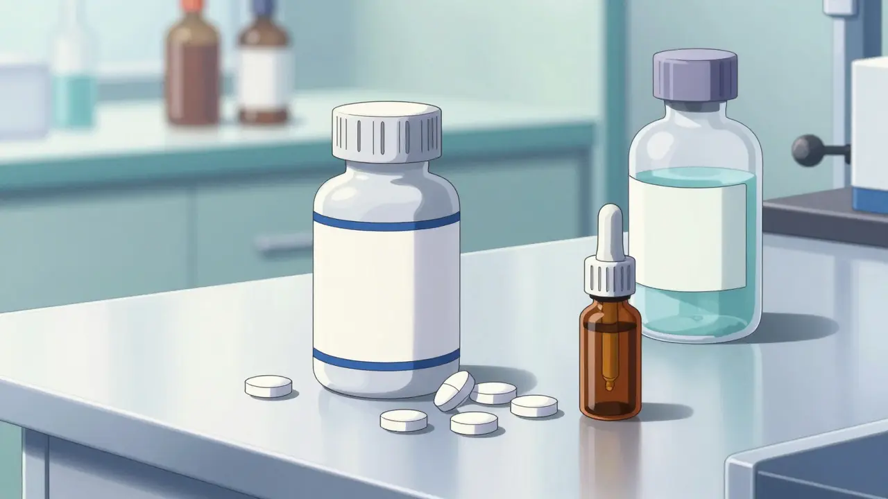 Collection of tablets, eye drops, and liquid medication on a lab table in anime style.
