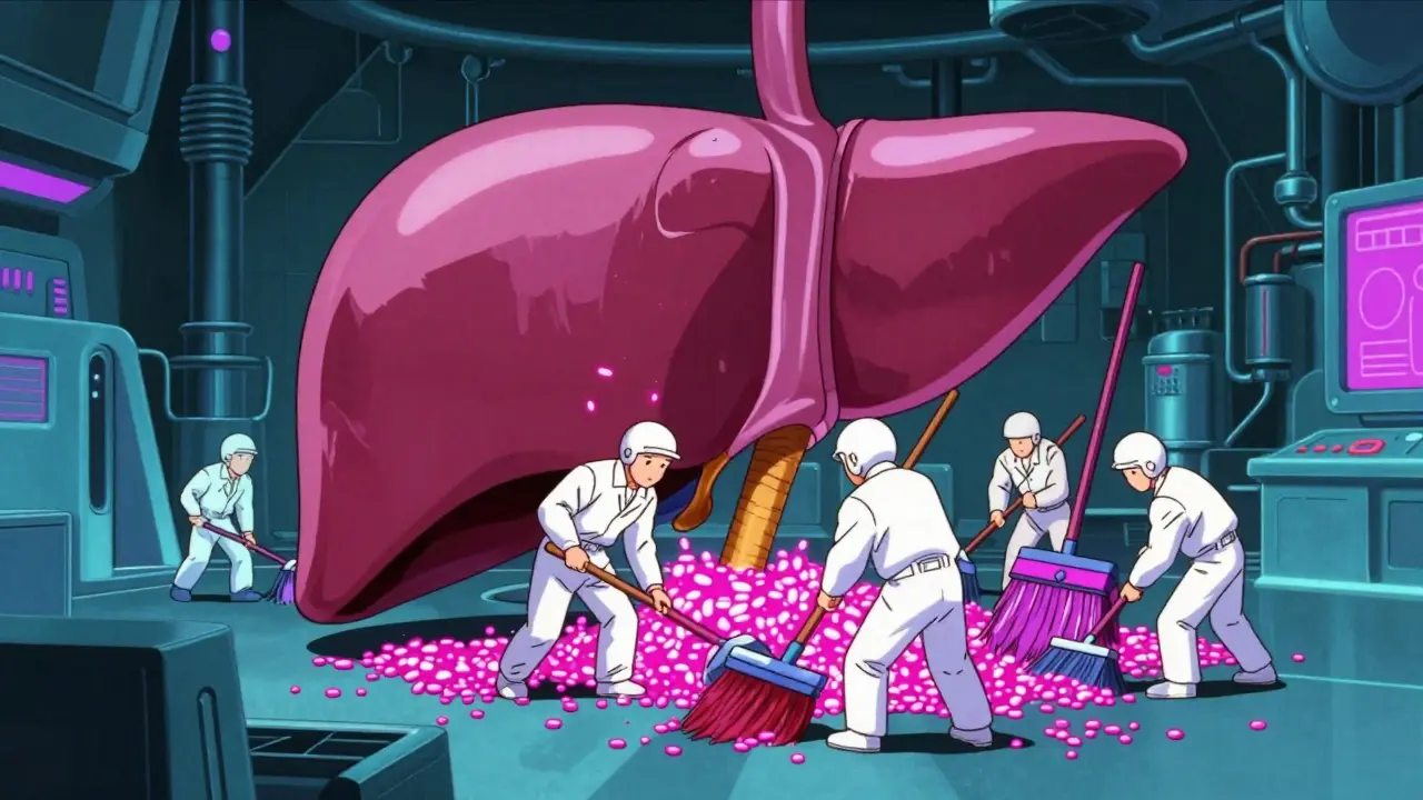 Conceptual anime illustration of liver enzymes clearing hormones like a cleanup crew.